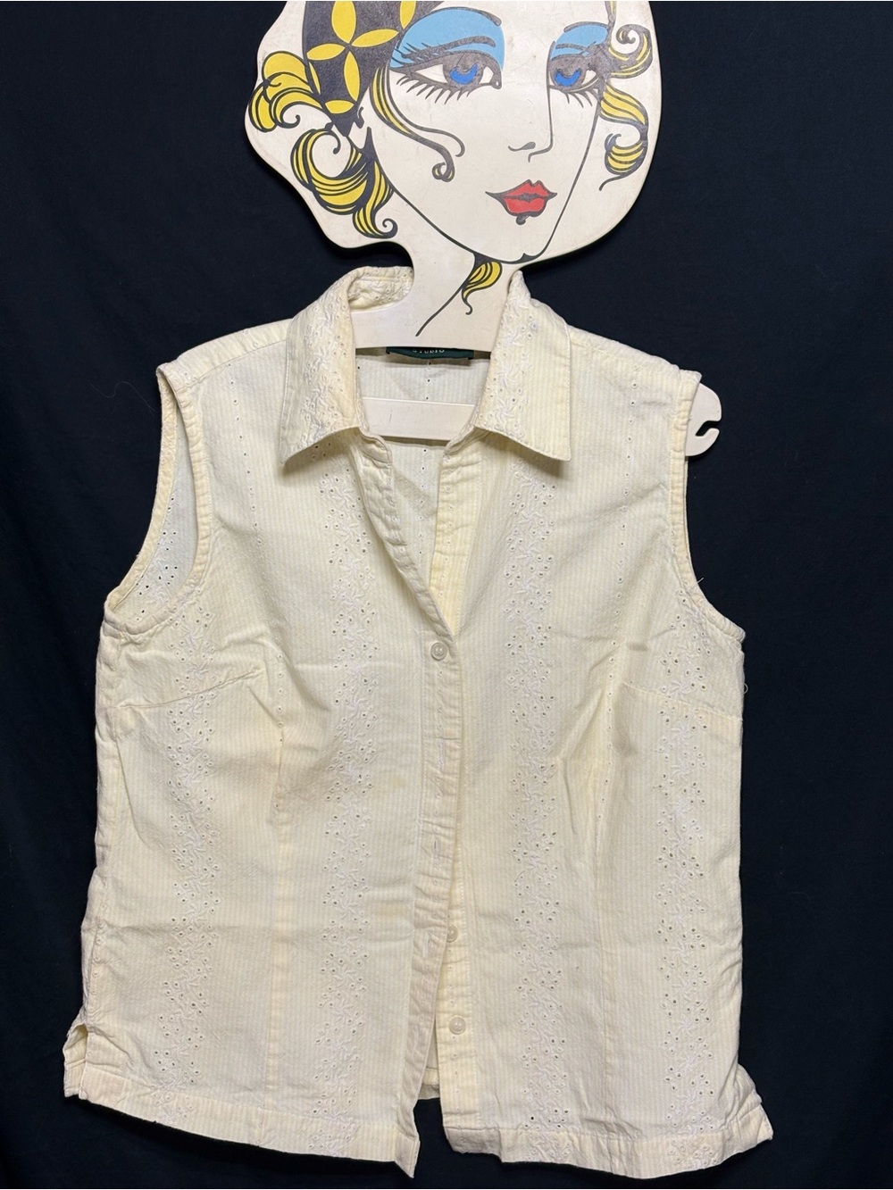 Vtg Lemon Grass Seersucker Eyelet Lace blouse Med sleeveless cottagecore yellow